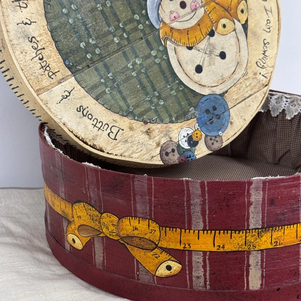 Primitive Hand Painted Wooden Snowman Sewing Box Round 15x5.5 Rustic Folk Art